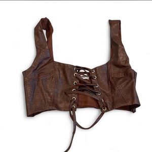 Brown Faux-Croc Lace-Up Crop Bustier